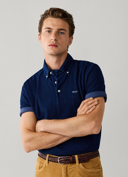 Regular Fit Long Sleeve Indigo Pique Polo