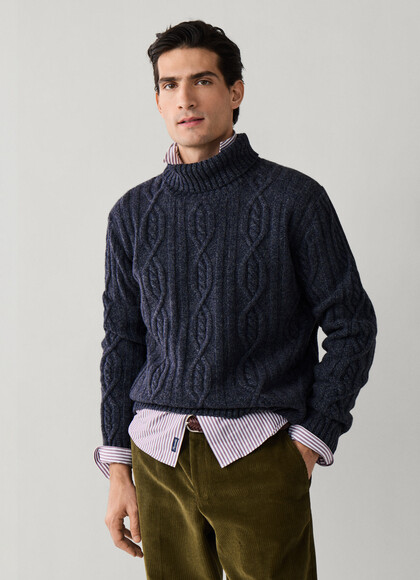 Lambswool Roll Neck Cable Knit Sweater