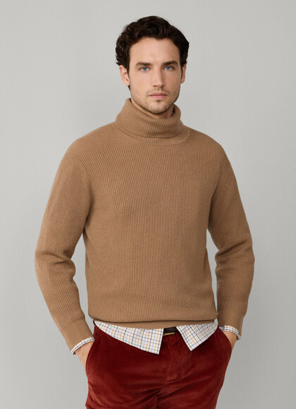 Cashmere Roll Neck Ribbed Knit Jumper