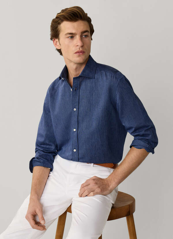 Regular Fit Indigo Linen Blend Shirt