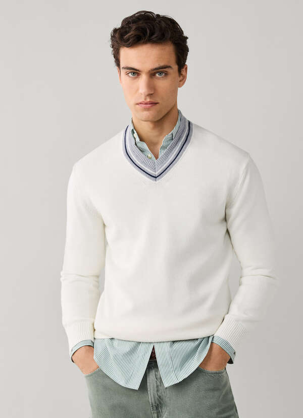 Cotton V-Neck Striped Collar Sweater