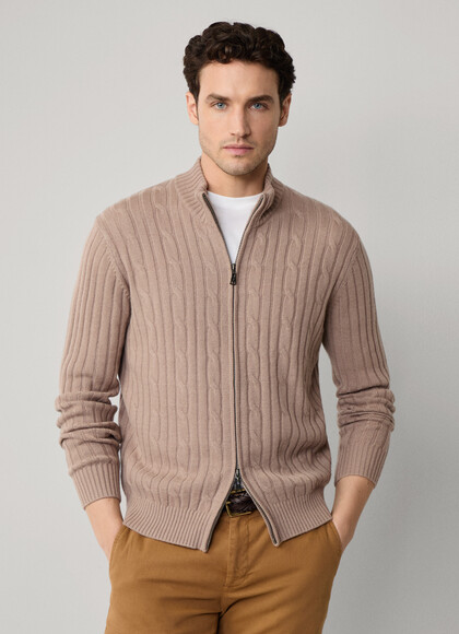 Wool-Cashmere Cable Knit Full Zip Cardigan