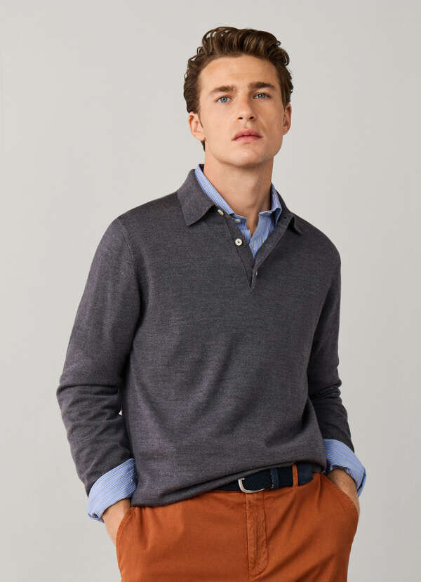 Long Sleeve Merino Wool Knit Polo