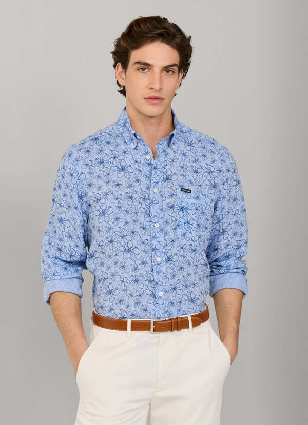 Regular Fit Hibiscus Flower Linen Shirt