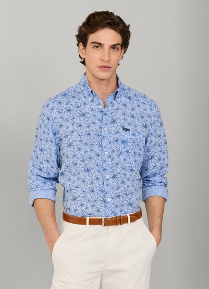 Regular Fit Hibiscus Flower Linen Shirt