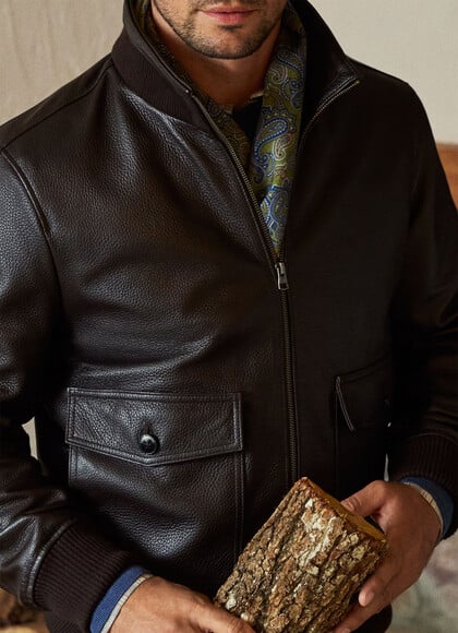 Deer Leather Ribbed Collar Blouson Jacket