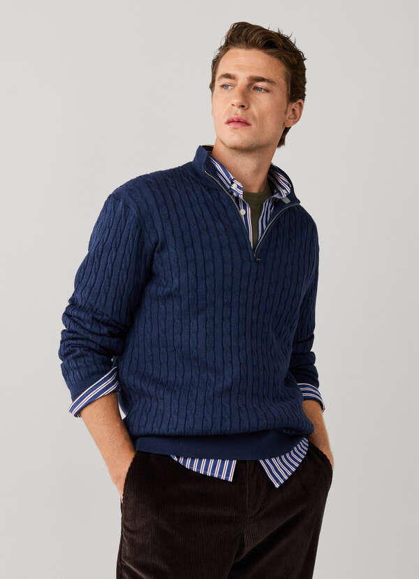 Cotton Silk Quarter Zip Cable Knit Sweater