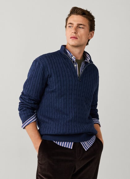 Cotton Silk Quarter Zip Cable Knit Sweater
