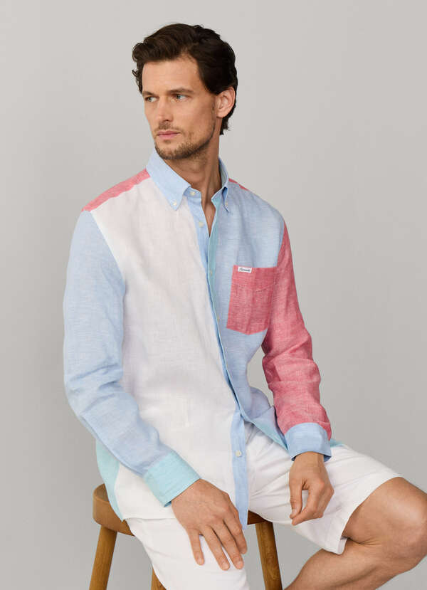 Regular Fit Colour Block Linen Shirt