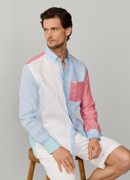 Regular Fit Colour Block Linen Shirt