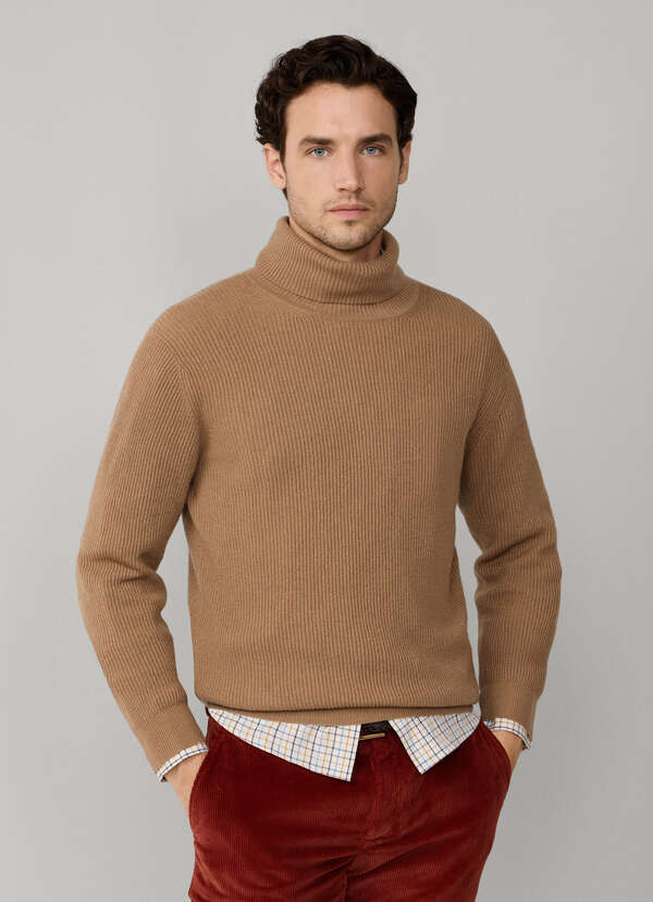 Cashmere Roll Neck Ribbed Knit Jumper