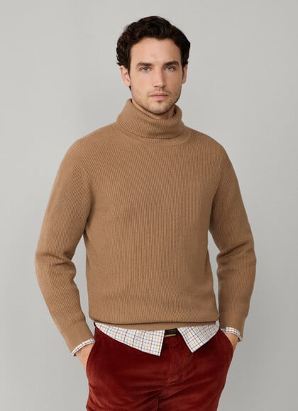 Cashmere Roll Neck Ribbed Knit Jumper