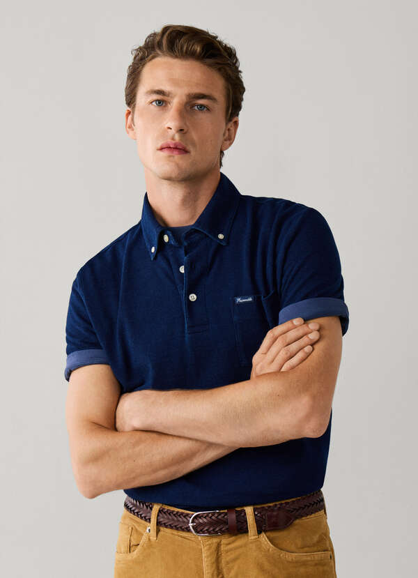 Regular Fit Long Sleeve Indigo Pique Polo