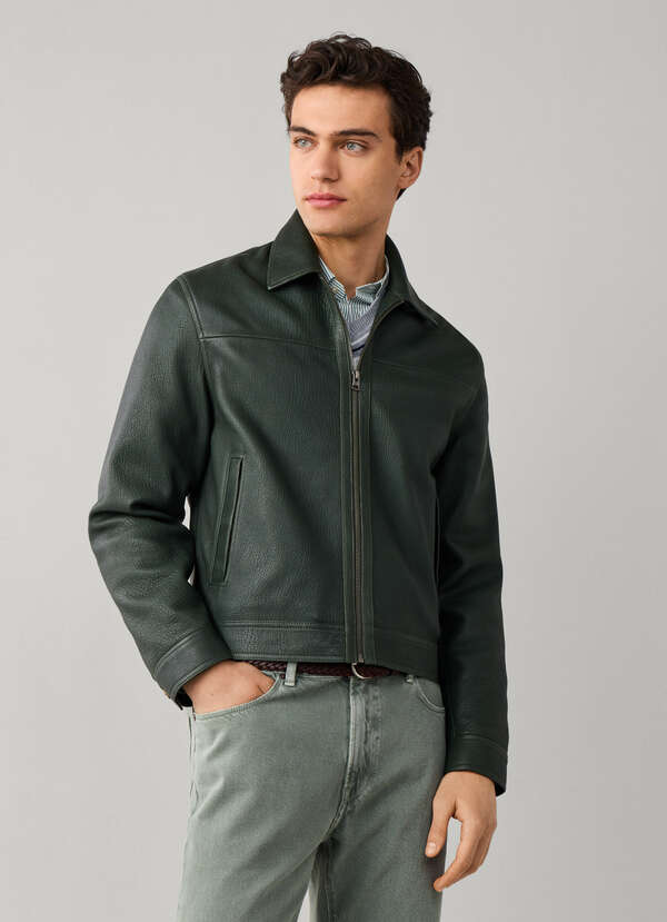 Grained Leather Blouson Jacket