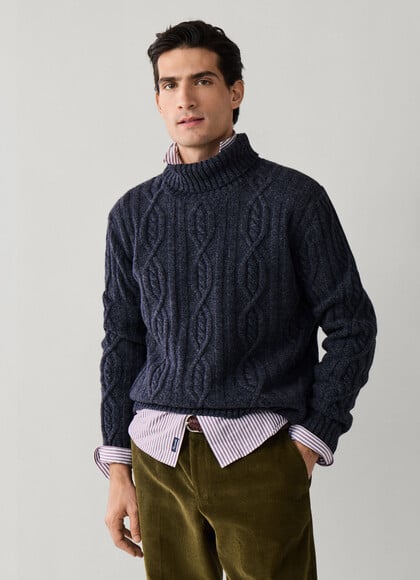 Lambswool Roll Neck Cable Knit Sweater