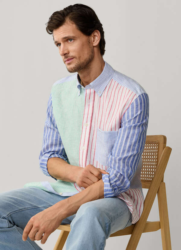 Regular Fit Colour Block Stripe Linen Shirt