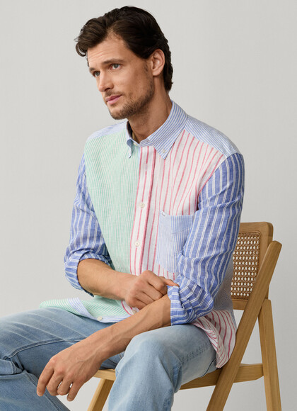 Regular Fit Colour Block Stripe Linen Shirt